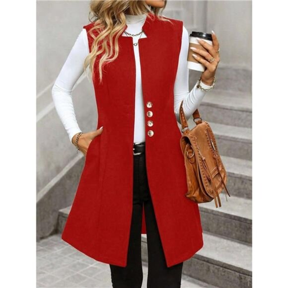 Button Up Sleeveless Longline Vest Coat - Picture 3 of 11